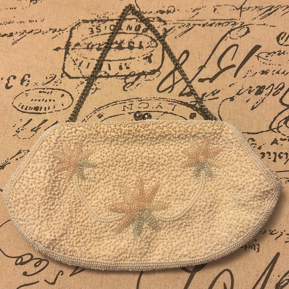 Richere Vintage Elegant Cream Hand-Beaded Women's Clutch Bag Wristlet & Mirror